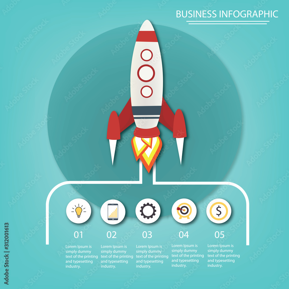 Poster info graphics template of rocket or spaceship launches through the clouds with arrows, icons and tex