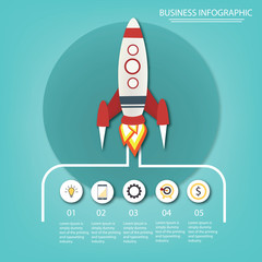 Info graphics template of rocket or spaceship launches through the clouds with arrows, icons and text.