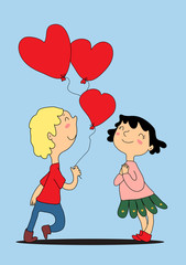 Funny drawn girl and boy looking at each other, vector greeting card. The boy gives the girl three red balloons in the shape of hearts. Satisfied and happy, the brunette girl folded her arms across