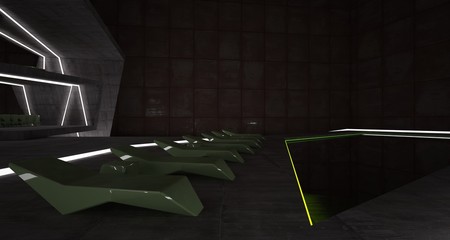 Obraz premium Abstract architectural concrete and rusted metal interior of a minimalist house with swimming pool and neon lighting. 3D illustration and rendering.