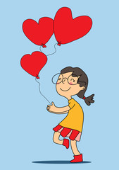 Vector drawn happy girl in glasses with red hearts balloons runs. Postcard