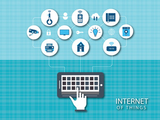 Internet of things and home automation concept: user connecting with a smartphone and interconnecting with everyday objects on a network