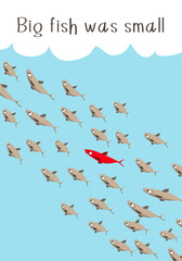 Vector drawn school of fish floating in the water. Among them, one fish is not like the rest of the red. The concept of uniqueness. Motivational gift card