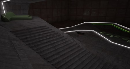 Abstract architectural concrete and rusted metal interior of a minimalist house with swimming pool and neon lighting. 3D illustration and rendering.