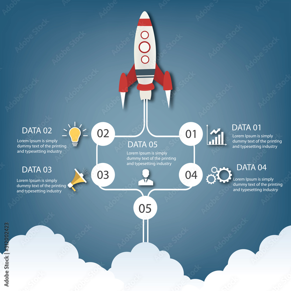 Poster startup info graphics with 5 circle vertical data template. vector illustration abstract rocket pape