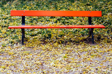 un banc orange  dans un parc en automne avec des feuilles jaunes et un sentiment de solitude et de...