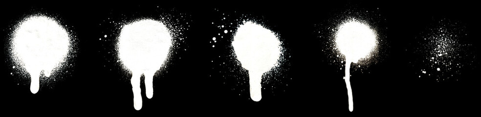 Close-up of several white spray paint spots, splashes and drips, isolated on black background. - obrazy, fototapety, plakaty