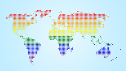 Dotted world map with LGBT movement's rainbow flag's colors on light blue background.  High resolution concept illustration.