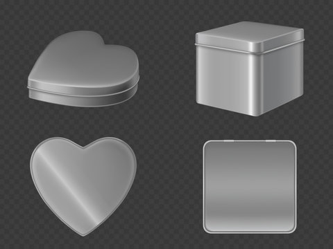 Metal tin boxes for tea, sugar or coffee front and top view. Vector realistic mockup of square and heart shape cans for gift packaging candies and sweets isolated on transparent background