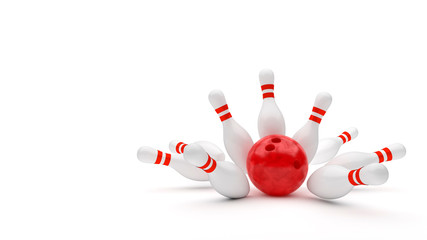 3D Bowling ball and pins, strike bowling isolated on white background.