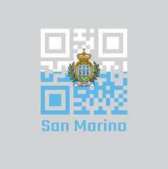 QR code set the color of San marinese flag. A horizontal bicolour of white and light blue; charged with the Coat of arms. text: San marino.