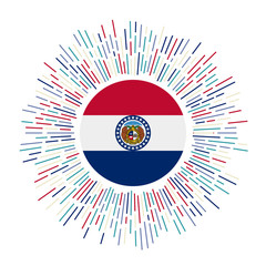 Missouri sign. US state flag with colorful rays. Radiant sunburst with Missouri flag. Vector illustration.