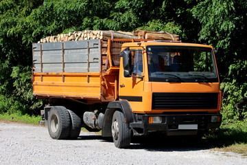 Fototapeta na wymiar Old yellow truck filled with firewood parked on gravel parking lot next to public road surrounded with dense trees on warm sunny summer day