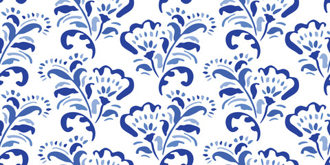 Blue Hand-Drawn Folk Classic Chintz Floral Vector Seamless Pattern on White Background