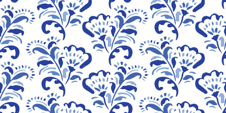 Blue Hand-Drawn Folk Classic Chintz Floral Vector Seamless Pattern on White Background