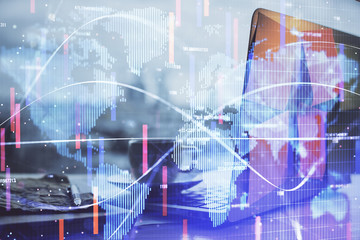 Multi exposure of business theme icons and work space with computer background. Concept of success.