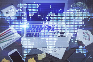 Multi exposure of business theme icons and work space with computer background. Concept of success.