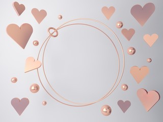 3d minimal Valentine’s scene, romantic hearts falling. Abstract scene gold pink and glass shapes with blank space for banner, pastel colors backgroud. Empty mock up, love card concept. 3d render.