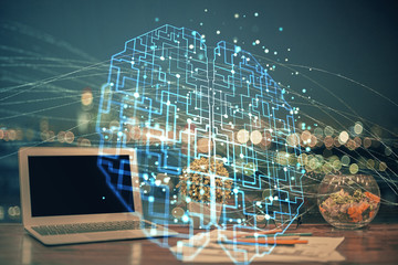 Multi exposure of work table with computer and brain hologram. Brainstorm concept.