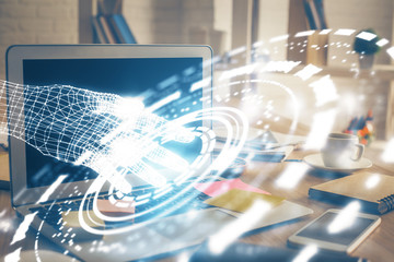 Technology theme drawing and work space with computer. Double exposure. Concept of innovation.