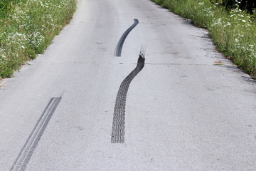 Three curvy dark skid marks on local paved road surrounded with uncut grass filled with small white flowers