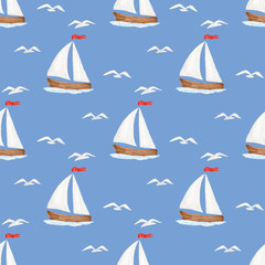 Watercolor illustration. Seamless pattern with seagulls  and sailboats on a blue background.