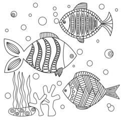 Hand drawn line doodle fishes in the water. Zen tangle style of fish illustration. Sea life design for coloring book page.