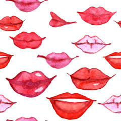 watercolor illustration red pink lipstick woman lips seamless pattern