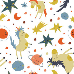 seamless pattern with cartoon unicorn in space. Vector,illustration.