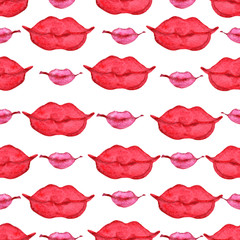 scarlet red lips seamless pattern. Hand drawn watercolor lipstick mark. Lady cosmetics.  Can be used for commercial design, prints, textile and wrapping paper.