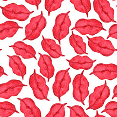 scarlet red lips seamless pattern. Hand drawn watercolor lipstick mark. Lady cosmetics.  Can be used for commercial design, prints, textile and wrapping paper.