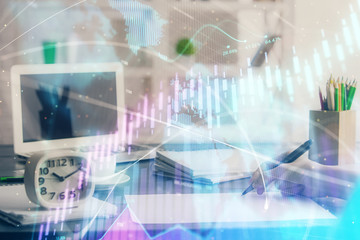 Naklejka premium Financial graph displayed on woman's hand taking notes background. Concept of research. Multi exposure