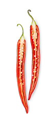 Sliced red chili pepper isolated on white background.