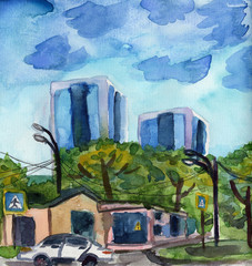 Hand drawn watercolor urban sketch. Business center. Cityscape. City and town architecture. Houses in the street. Blue sky and green trees. Car on road. Summer view. For postcards and posters