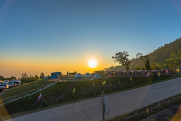 sunrise above camping on the top of mountain of  Khun Sathan Nation Park Nan province Thailand.
