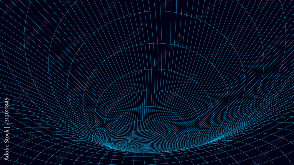 Poster vortex. vector perspective curved grid. wireframe abstract tunnel. 3d vector wormhole with a mesh st