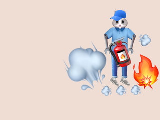 On a light background, a fireman in the form of a hare with a fire extinguisher, fire, smoke.