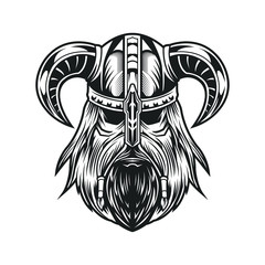 viking head black and white illustration isolated on white background