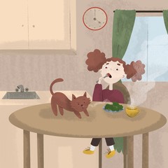 Girl in the kitchen with a cat eating broccoli and tomatoes. Cat is smelling broccoli,  breakfast with pets. pet friends.