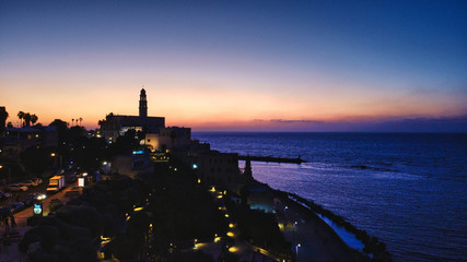 Aerial photo of the St. Peter's Church in the Old City of Jaffa. View from above on Israel.