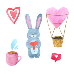 Watercolor set of elements for Valentine's day. Heart, a mug of hot tea or cocoa, a rabbit or a bunny with a heart in hands, tag and other cute items.