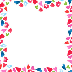 Multi-colored hearts and tag clouds seamless pattern background. Watercolor illustration for holiday design. Abstract romantic photo frame. Stylish decorative bright label set.