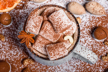 Mug of hot chocolate with white marshmallows
