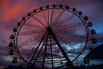 ferris wheel with sunset on background, low light photography