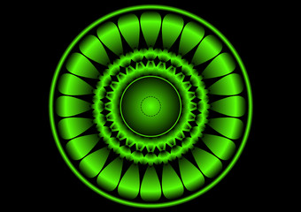 Metallic green mandala on black background
