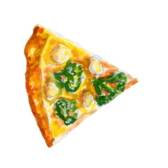 Watercolor slice of vegetarian pizza isolated on white