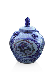 Di cut antique beautiful blue ceramic jar and ceramic lid on white background, object, copy space