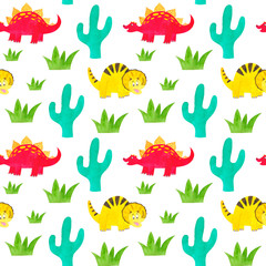 Dinosaur Seamless pattern Dino Kids illustration Children pattern Childish background Yellow dino Red dinosaur with Cactus and green bush