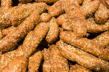 Healthy home-made wholegrain bread with whole seed on top. Filled frame texture.