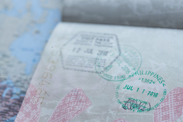 Inside page of a well traveled european passport with all kinds of stamps 